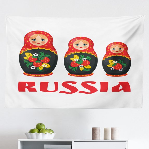 Russian Tapestry, Slavic Motifs Art Repetitive Monochrome Simplistic Eastern European Lines, Fabric Wall Hanging Decor for Bedroom Living Room Dorm, 2 Sizes, Vermilion and White, by Ambesonne