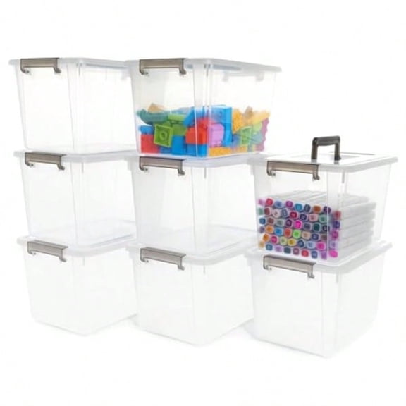 Citylife 8 Packs 6 QT Plastic Storage Bins with Latching Lids Clear Storage Box with handle Stackable Storage Containers for Organizing Snacks Crafts Toys Tools