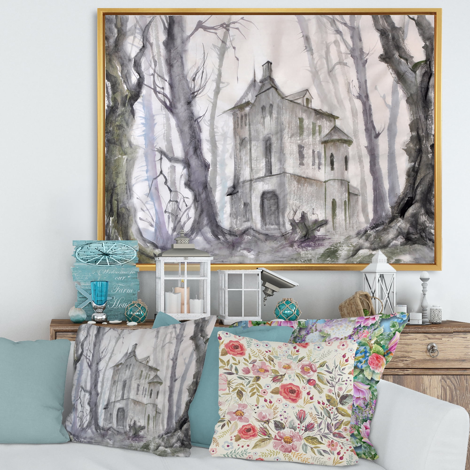 Designart 'Old Haunted Castle In The Woods' Traditional Framed Canvas Wall Art Print