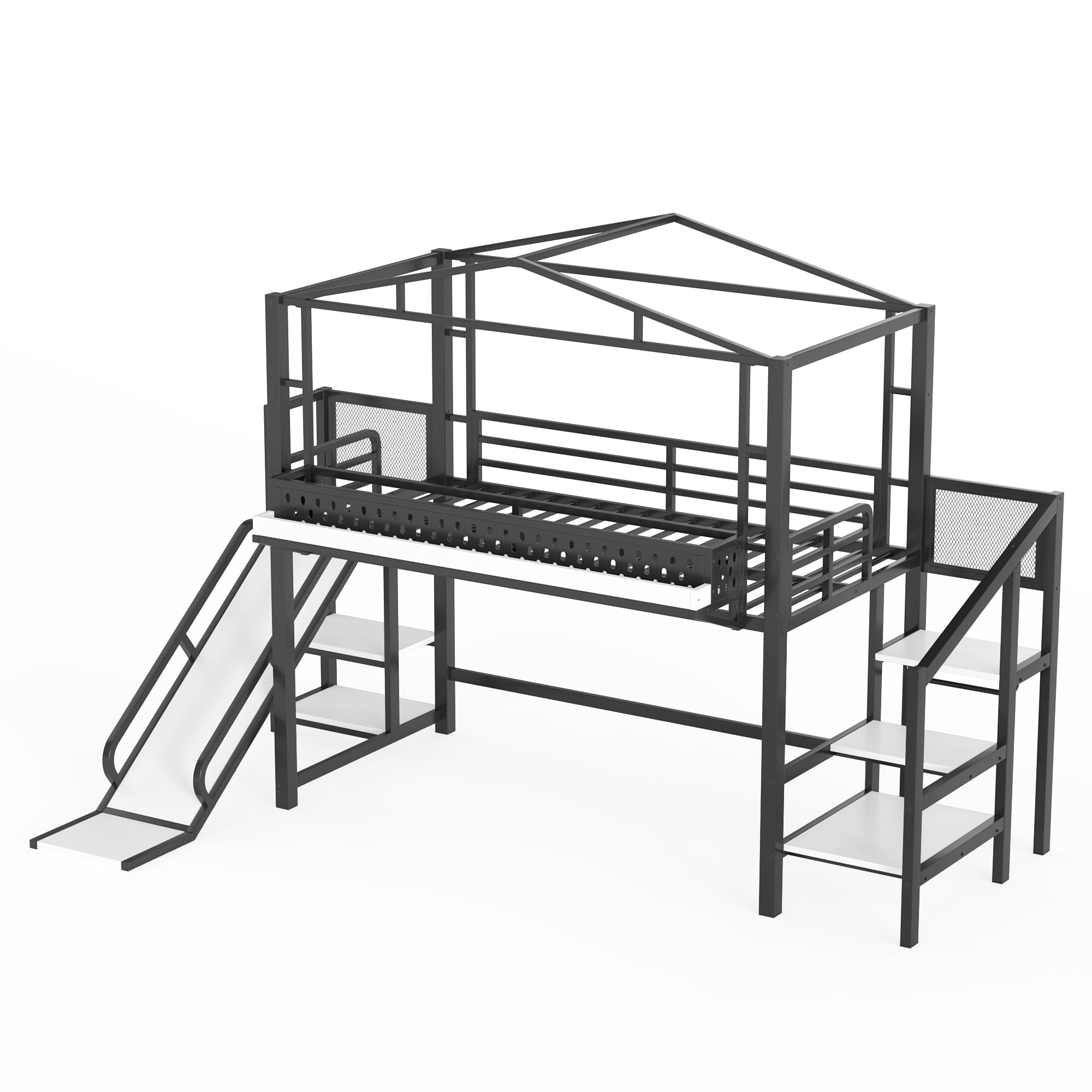 Aukfa Twin Loft Bed with Storage Stairs, Slide, Shelves, USB Ports and LED Lights, Metal Loft Bed for Kids, Noise-Reduced Design, Black