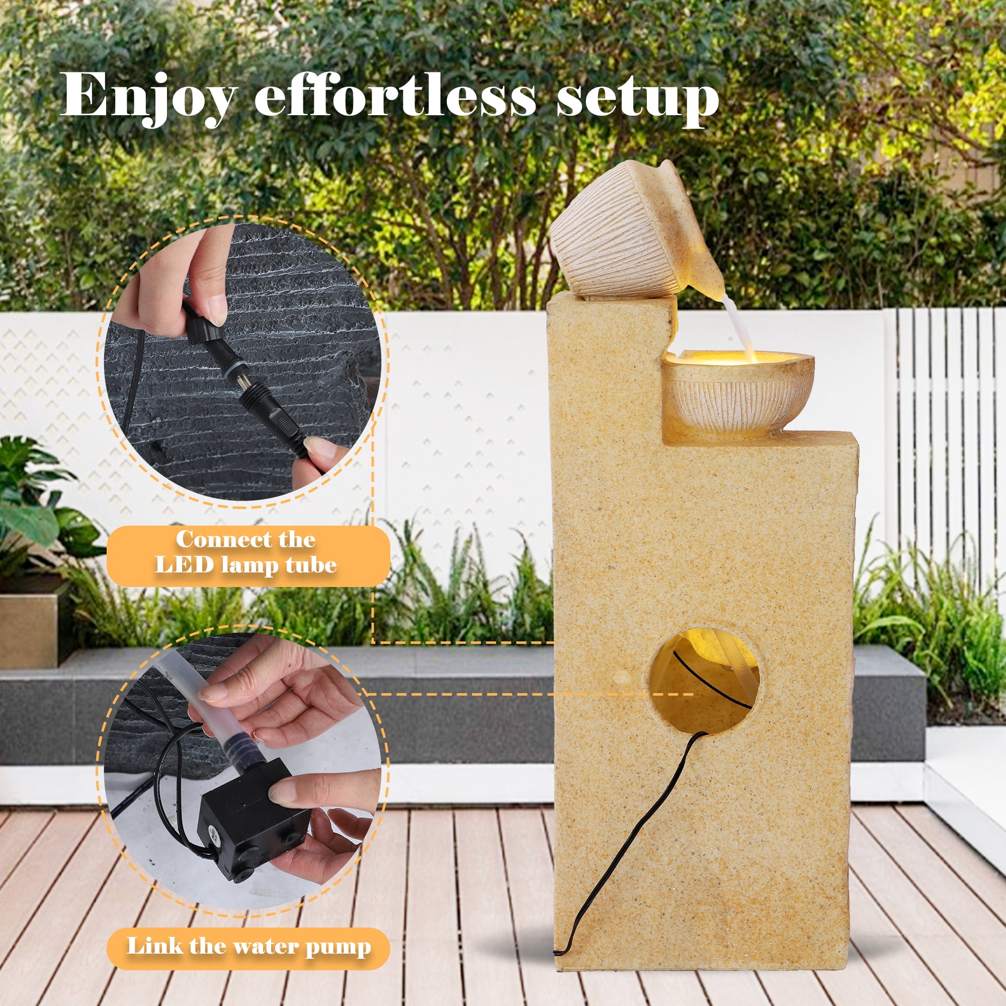 Haverchair 32" Outdoor/Indoor Garden Water Fountains, 4 Tiers Cascading Resin Fountains and Waterfalls with LEDs & Bowls, Modern Floor-Standing Patio Fountain for Porch, Deck, Yard as Home Decor