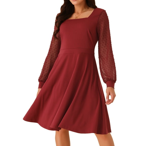 DARING DIVA Long Sleeve Square Neck Dress S Wine Red