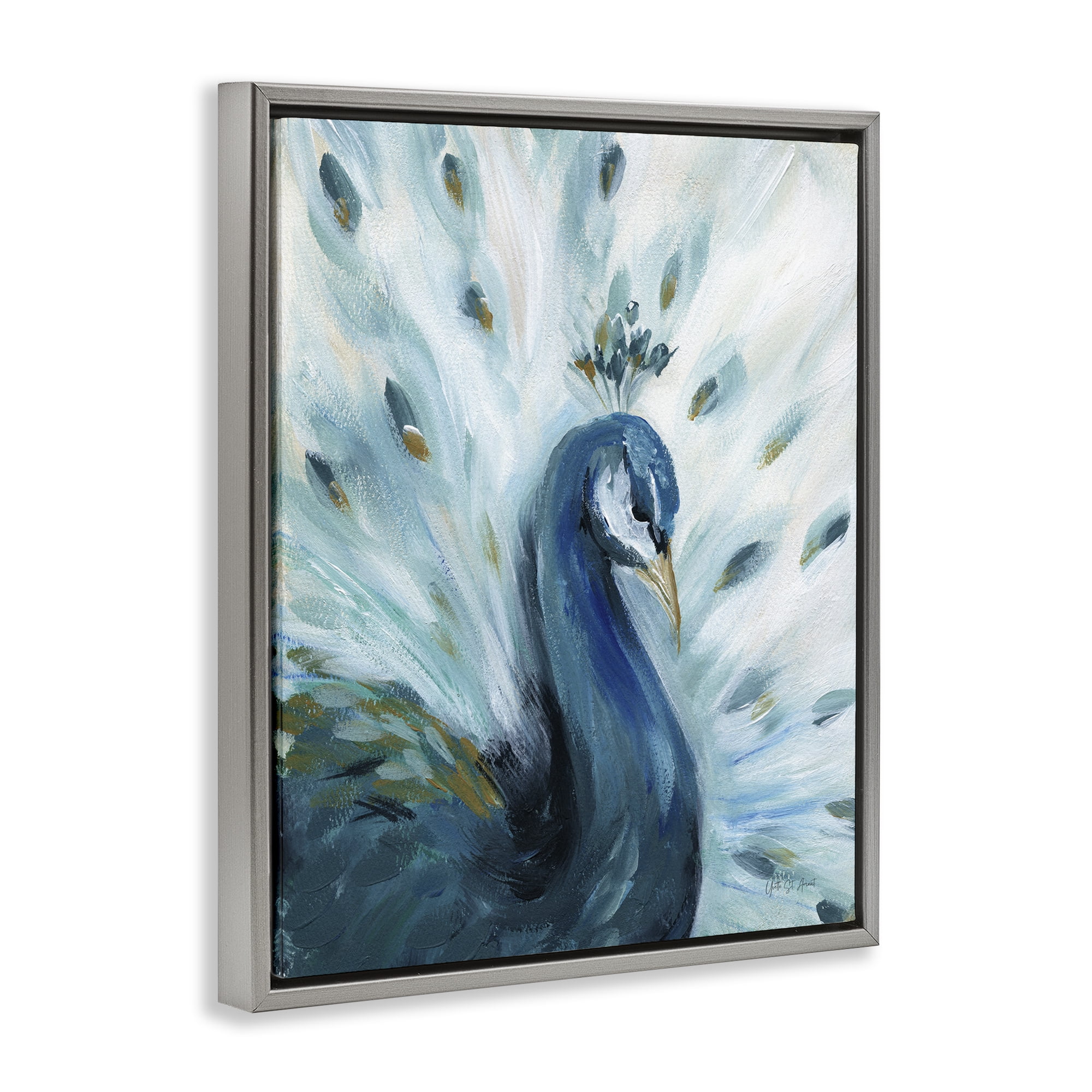 Stupell Industries Elegant Peacock Painting Animals & Insects Painting Gray Floater Framed Canvas Art Print Wall Art, 17 x 21