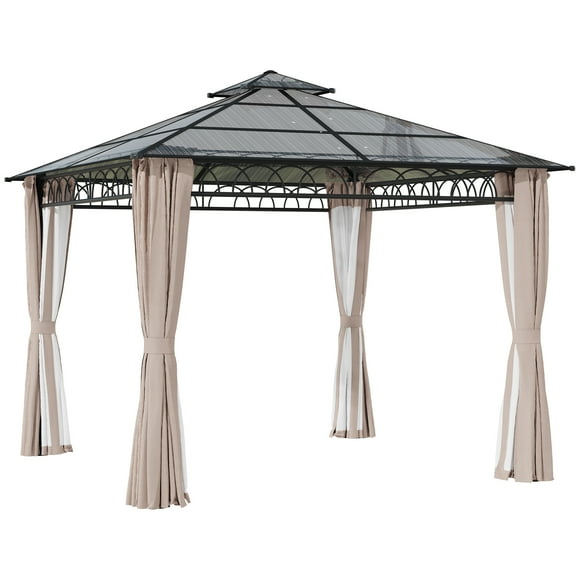 Outsunny 9' x 10' Double Roof Hardtop Gazebo with Nettings Curtains Khaki