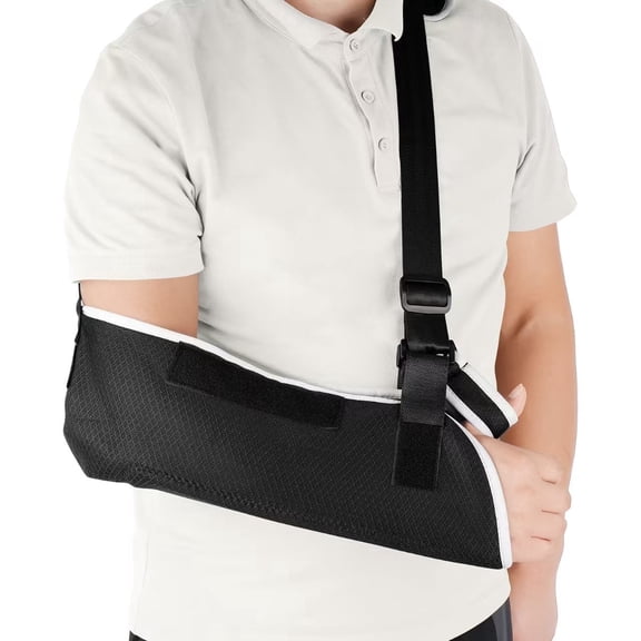 Arm Sling—A lightweight, breathable medical sling with adjustable shoulder straps, suitable for torn rotator cuffs and fractured or broken forearm bones.