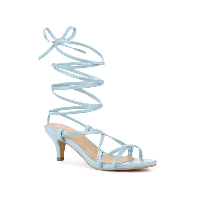 BLISSFUL STEP Sandales à Petits Talons à Brides et à Lacets pour Femmes Bleu Pâle (Taille 8)