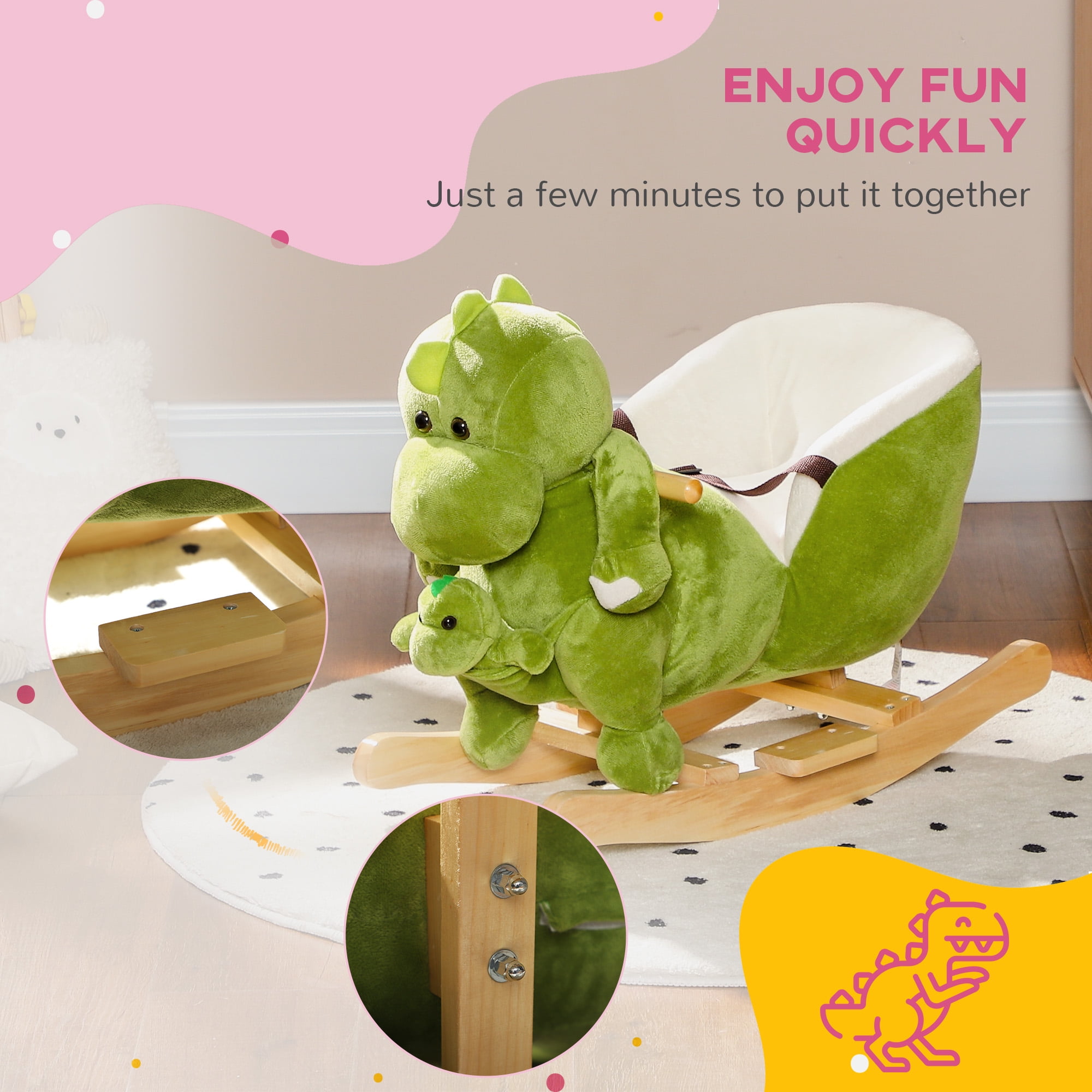 Qaba Baby Rocking Horse, Toddler Plush Dinosaur Animal Rocker with Seat Belt, 32 Songs, Hand Puppet, Rocking Chair for 18-36 Months, Green