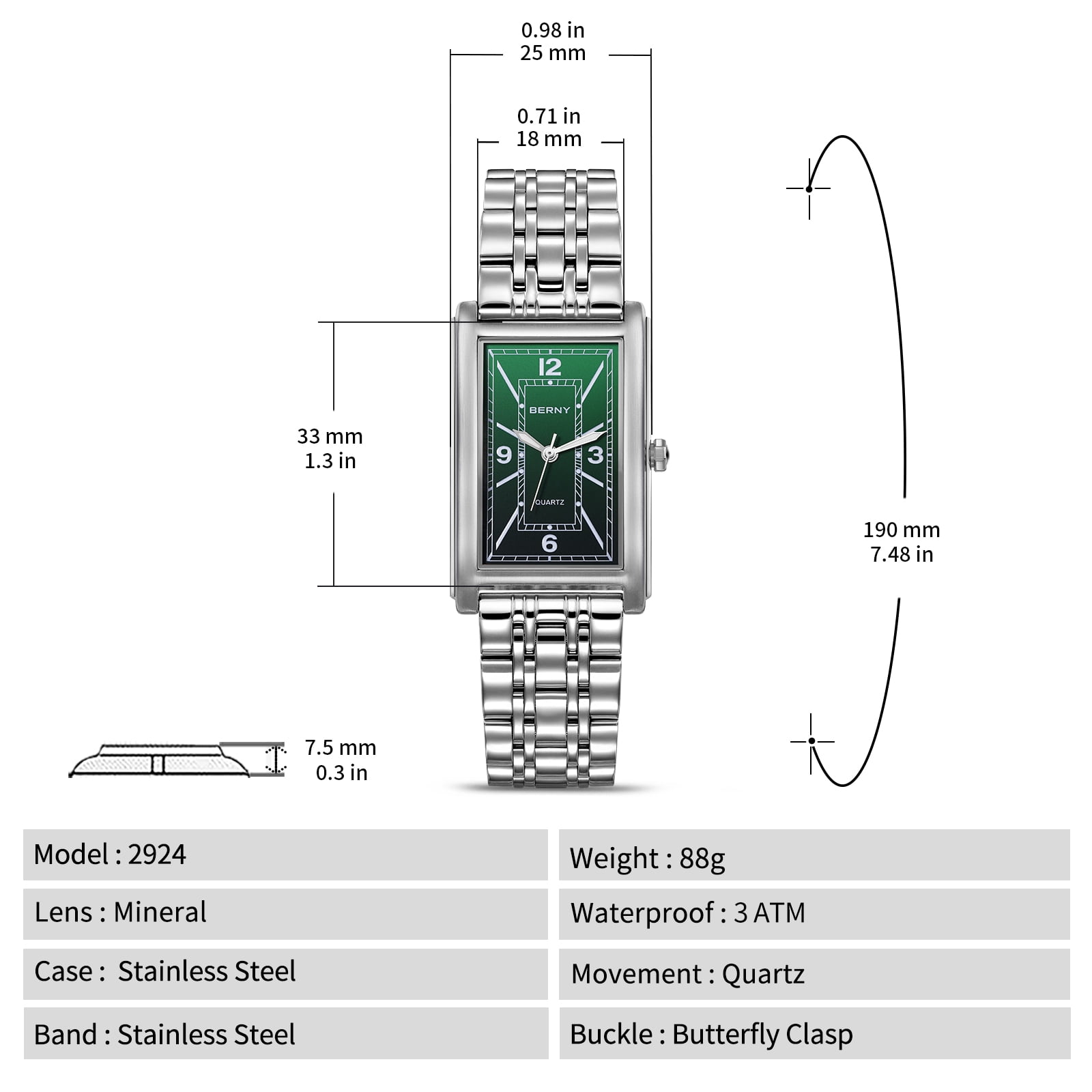 BERNY Rectangular Silver Watch for Men, Fashion Waterproof Analog Quartz Wristwatch, Stainless Steel, Luminous, Arabic Numeral, Business Dress Men's Watches (Green)