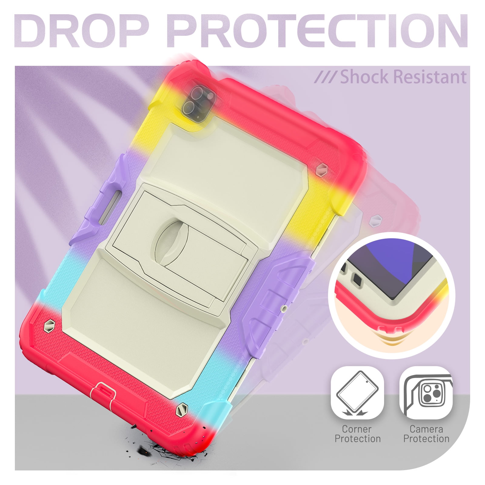 Allytech Shockproof Case for Apple iPad Pro 12.9 Inch 2022/2021/2020/2018(6th/5th/4th/3rd Gen) with Pencil Holder, Rugged Kickstand Shoulder Strap Kids Case with Screen Protector,Colorful Rose