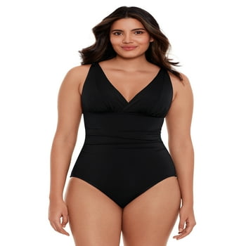 Time and Tru Women's and Women’s Plus Size Solid Black Plunge V Neck One Piece Swimsuit
