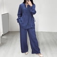 thumbnail image 4 of 2 Pcs/Set Women Top Pants Suit Round Neck Half Single-breasted Long Sleeves Loose Blouse Wide Leg Pure Color Trousers Casual Pantsuit Sport Clothes, 4 of 8