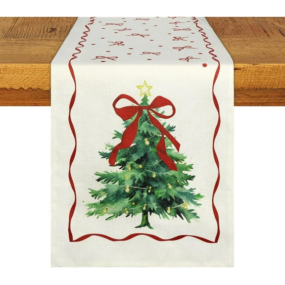 Christmas Table Runner 13 x 72 Inch Bow Christmas Tree Table Decor Farmhouse Winter Xmas Decorative Runner for Kitchen Dinning Indoor Outdoor Dinner Party Decor(Red Bow)