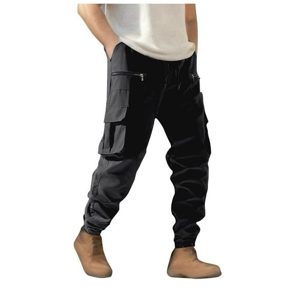 MIXUE Cargo Pants for Men Solid Color Zipper With Large Pocket Casual Loose Trendy Comfortable Busine Sport Trousers Holiday Wear,Black,M