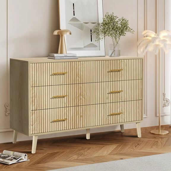 LUCKYELF 6 Drawer Dresser, Modern Dresser Wood Storage Cabinet, Chest of Drawers for Bedroom, Living Room, Oak Color