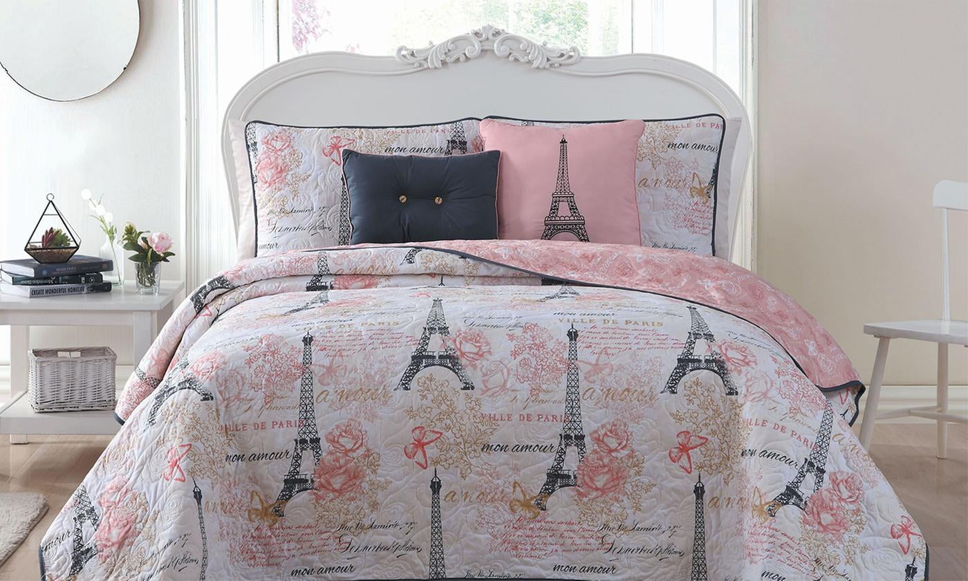 Twin Full Queen King Bed Gray Floral Paris Eiffel Tower Amour 8 pc Comforter Set 