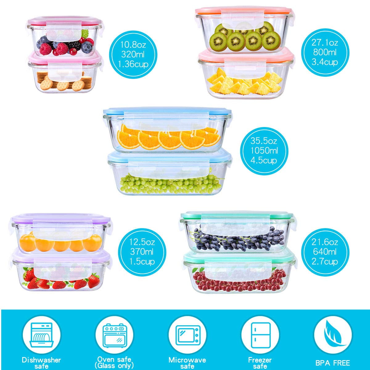 Nily Glass-Set of 3 Glass Storage Containers with lids (2.7 - 4.4 - 6.4  cup) 850040748086