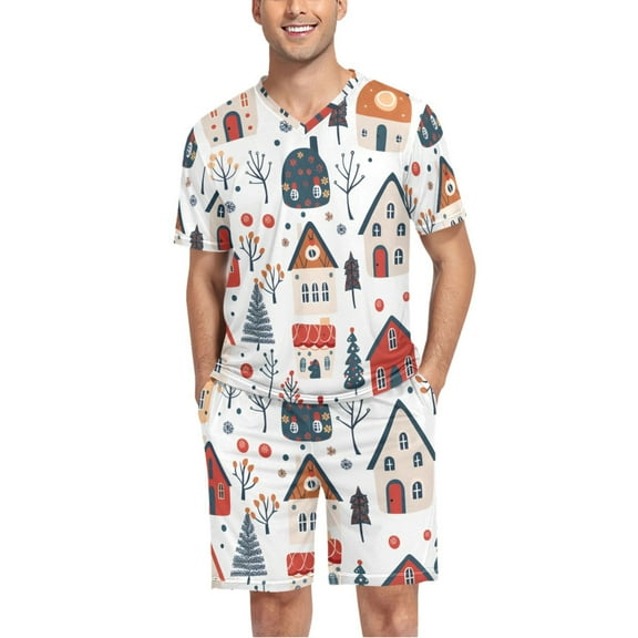 joogoo Men's Pajama Set Christmas Snowflake Tree House V-Neck Pj Shorts Set 2 Piece Loungewear Sleepwear L