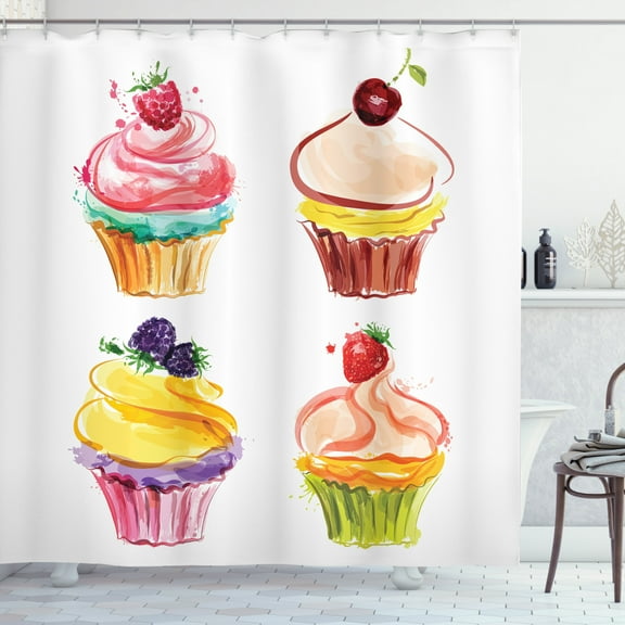 Ambesonne Cupcake Shower Curtain, Pastel Watercolor Bakery, 69"Wx75"L, Multicolor