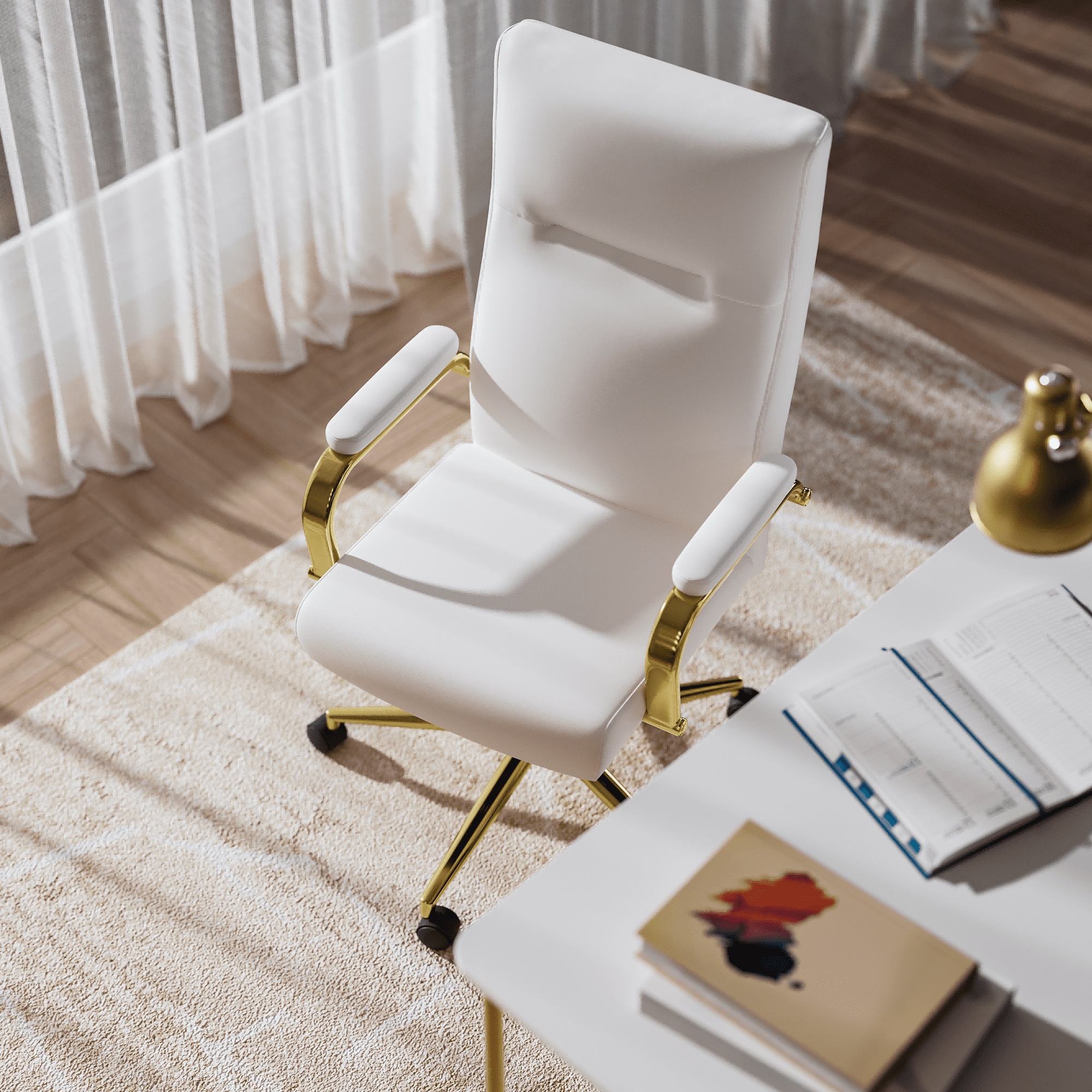 HomeZeer White and Gold Office Chair, Swivel High Back Executive Office Chair with Wheels and Arms, Memory Foam Leather Adjustable Height Computer Desk Chair for Home Office