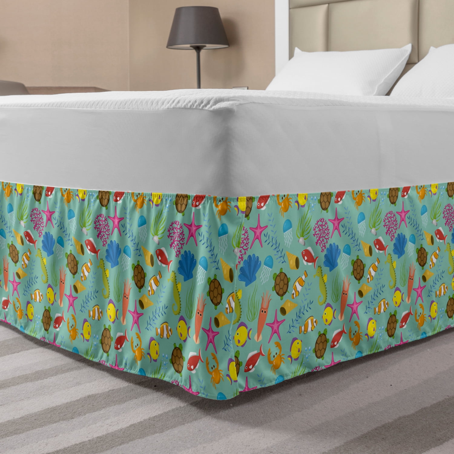 Turtle Bed Skirt, Colorful Layout of Sea Elements Creatures Water ...