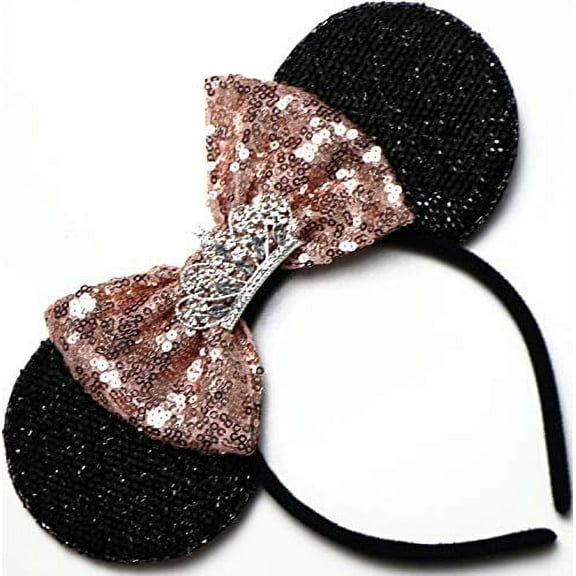 CL Gift Shiny Black Glittery Bow Disney Princess Tiara Headband, Rose Gold
