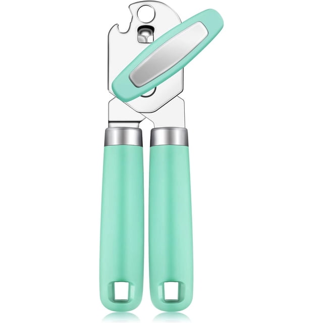 HUGFEGWE Can Opener Manual Handheld Strong Manual Can Opener Smooth Edge Cut, Can Opener Heavy Duty, Comfortable Soft Handle, Built-in Bottle Opener (Mint Green) AZ824-28555