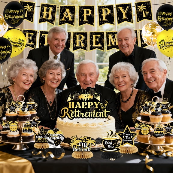 Retirement Party Decorations, Black and Golden Retirement Decorations for Man Including Backdrop,Banner ,Hanging Garland, big cake topper, cupcake toppers,latex balloons for Retirement Party Favor