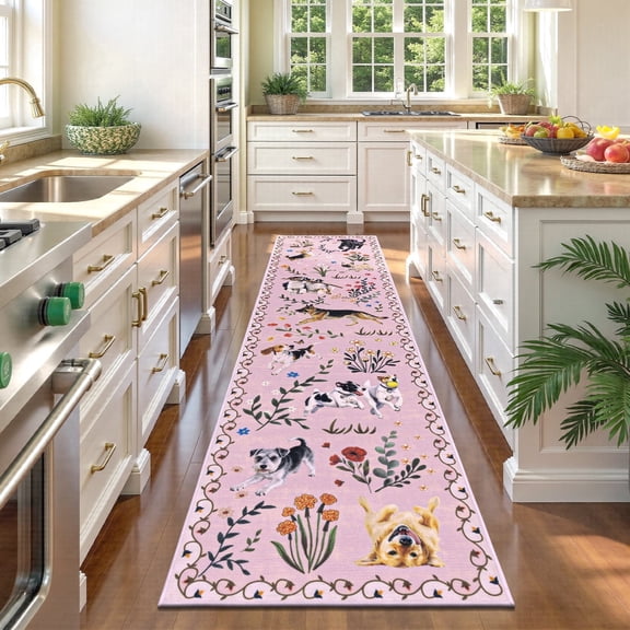 MJIAexp 2'x8' Jute Animal Dog Floral Kitchen Runner Rug,Woven Texture Machine Washable Runner Rug Non-Slip Rubberback Hallway Runner Laundry Rug Throw Carpet for Living Room Bedroom Dining Room Entry