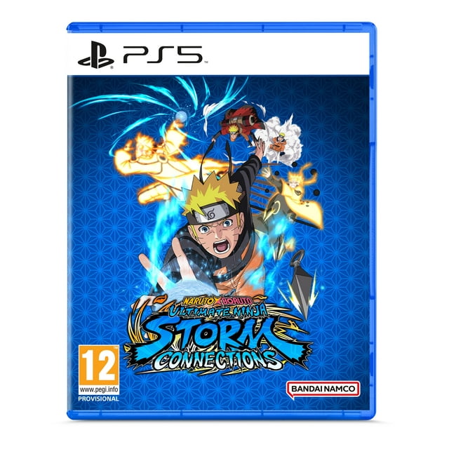 naruto x boruto ultimate ninja storm connections (ps5) playstation 5 (playstation 5) Caja de juego PS5 con arte frontal: vista centrada, estuche azul con fondo geométrico azul oscuro, logo grande del título abajo, ilustración de Naruto y otros personajes en acción con efectos de energía naranjas y azules, sello PEGI 12 y logo Bandai Namco.