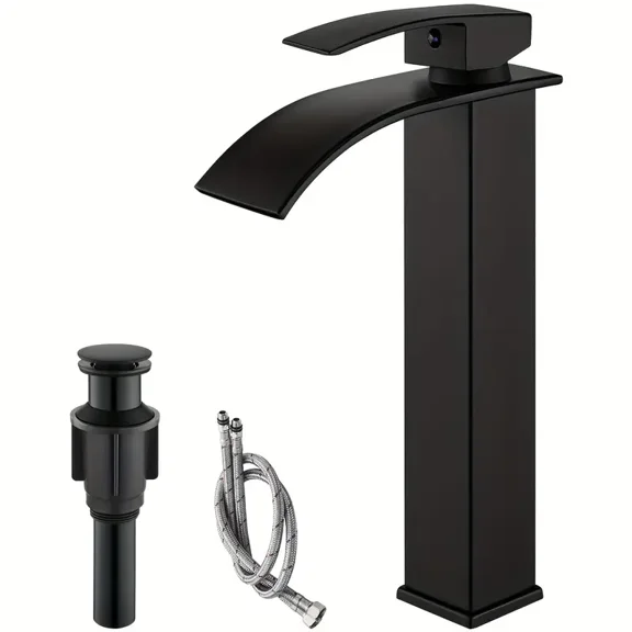 Bathroom Vessel Sink Faucet Basin Waterfall Vanity Tap with Drain Black