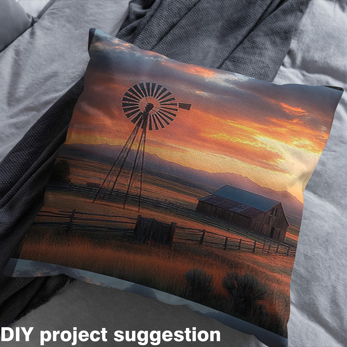 jejeloiu Western Windmill Fabric by the Yard 3 Yards,Rustic Farmhouse Lodge Sewing Fabric,Orange Sunset Fabric for Sewing For Girls Boys,Ultra Soft Home Decor