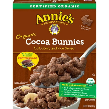 (2 Pack) Annie’s Organic Cereal, Cocoa Bunnies, Oat, Corn, Rice Cereal, 10oz Box