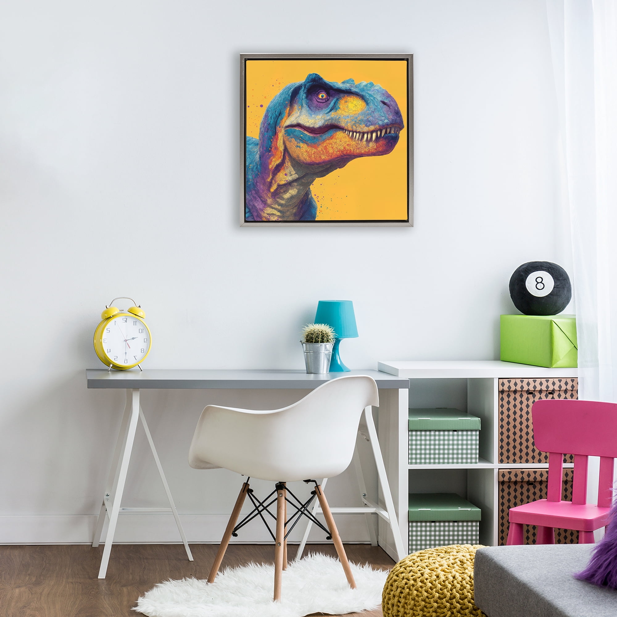 Stupell Industries Vibrant T-Rex Portrait Gray Framed Floater Canvas Wall Art, design by Wumples
