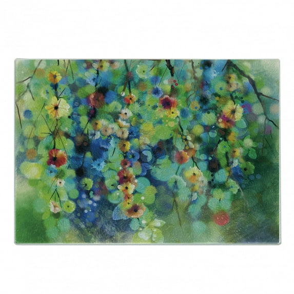 Flower Cutting Board, Vibrant Colored Blooms Clusters down from Branch Spring Season Birth Season Image, Decorative Tempered Glass Cutting and Serving Board, Small Size, Green Blue, by Ambesonne