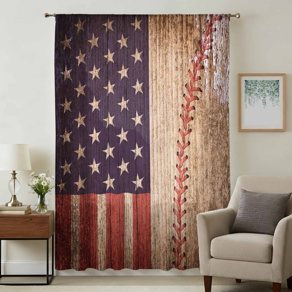 American Flag Vintage Sheer Curtains 108 Inches Extra Long, Farmhouse Baseball Blue Red Light Filering Curtains, Privacy Drapes Simi Floor to Veiling Curtain for Living Room Large Window Treatment