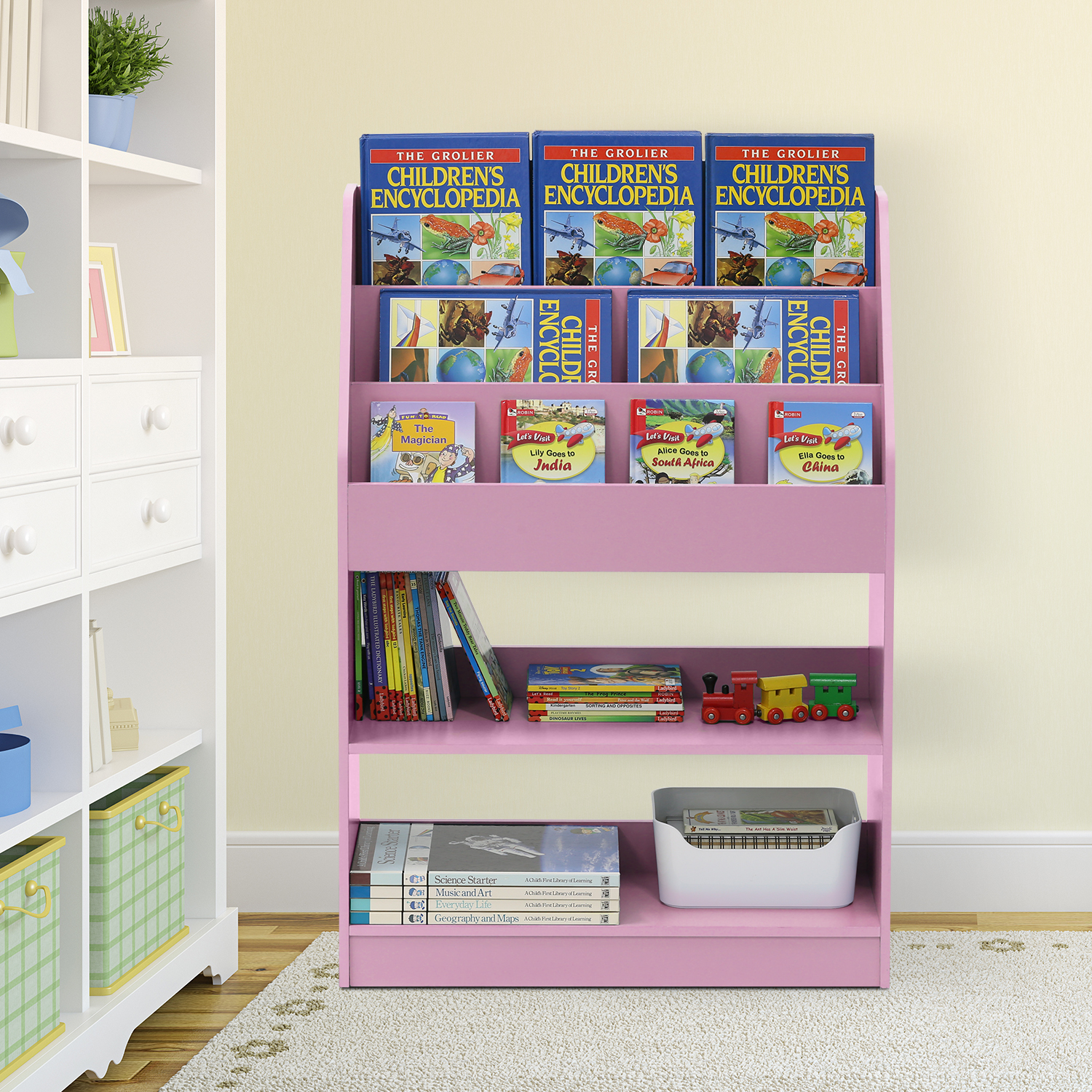Bookshelf Bookcases Wooden childrens small bookcase floor pulleys removable simple rack Childrens Furniture Color : Wood color, Size : 45 * 24 * 67cm