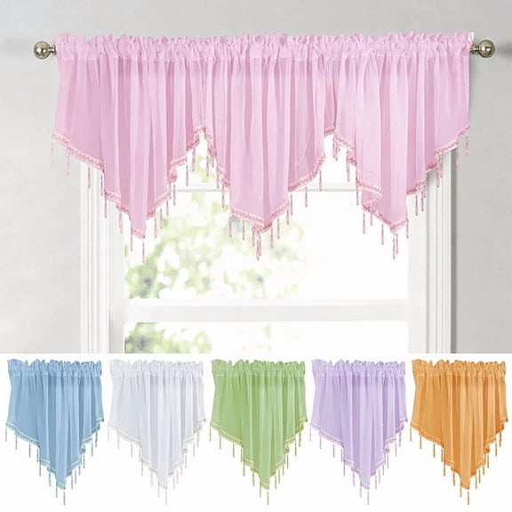 AUQ 1 Pc Beaded Sheer Windows Valance 51 in W x 23.6 in L, Scalloped Kitchen Curtain, Bathroom Swag Sheer with Rod Pocket, Short Valance Drape for Bedroom Living Room - Light Pink