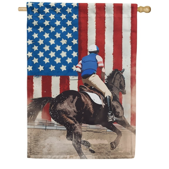America Forever Derby Race Horse House Flag 28 x 40 inches Patriotic Jockey 4th of July Summer Independence Day Brown Horse Double Sided Seasonal Yard Outdoor Decorative Equestrian Rider Flag