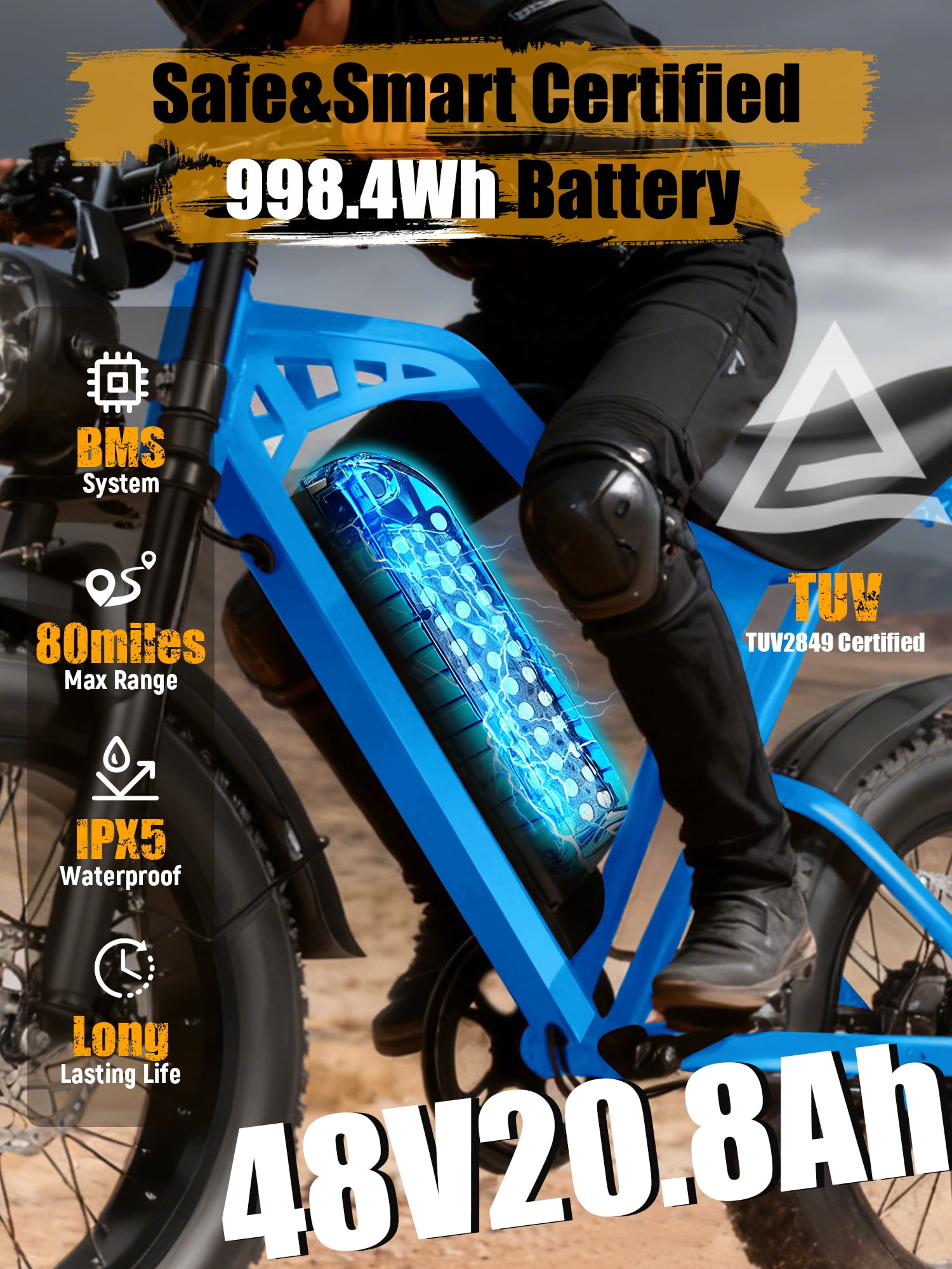 ESKUTE Electric Bike for Adults, 29MPH Dirt E-Bike, 48V 20.8Ah Battery, 20"x4.0" Fat Tires, 80-Mile Range, NFC Unlock, 7-Speed, Dual Suspension, Blue with Rear Rack & Footrests