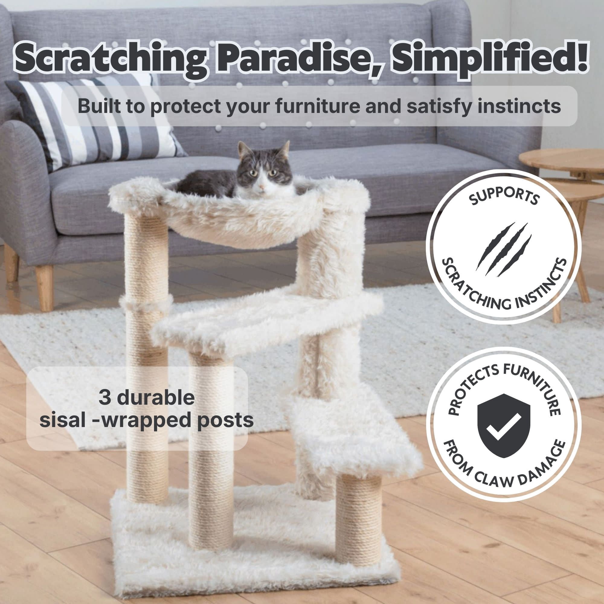 TRIXIE Baza Senior Plush & Sisal 27.6" Cat Tree Scratching Posts Hammock & Steps, Cream