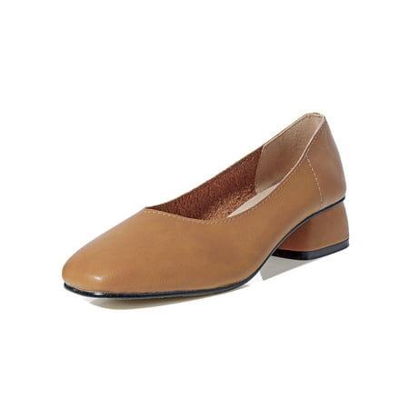 

Lacyhop Women Heels Low Heel Dress Shoes Slip On Pumps Work Vintage Casual Shoe Comfort Chunky Brown 4.5