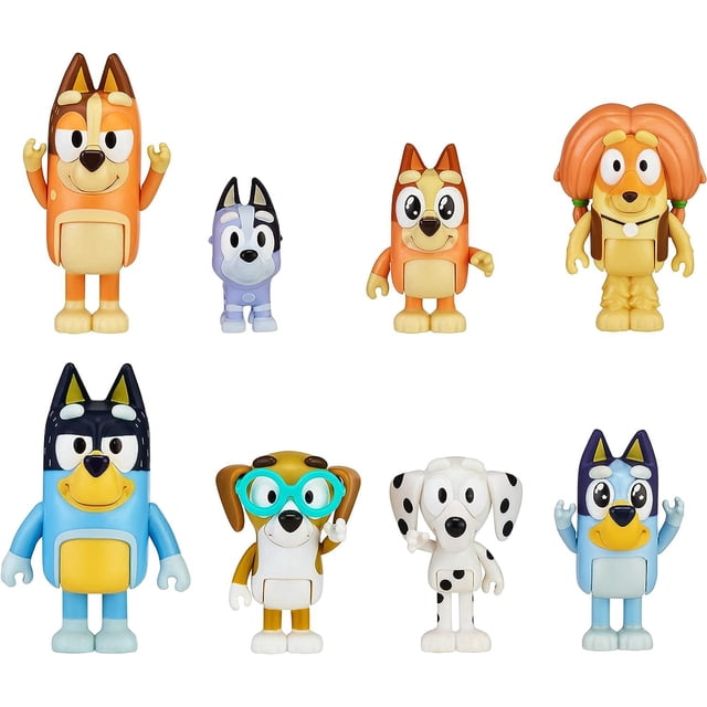 Bluey - Pack de 8, Muñecas de Juguete Articuladas, Personajes de Amigos y Familiares como Bingo, Bandido y Chili Pepper, para Niños y Niñas a Partir de 3 Años, Práctica Muñeca de Coche