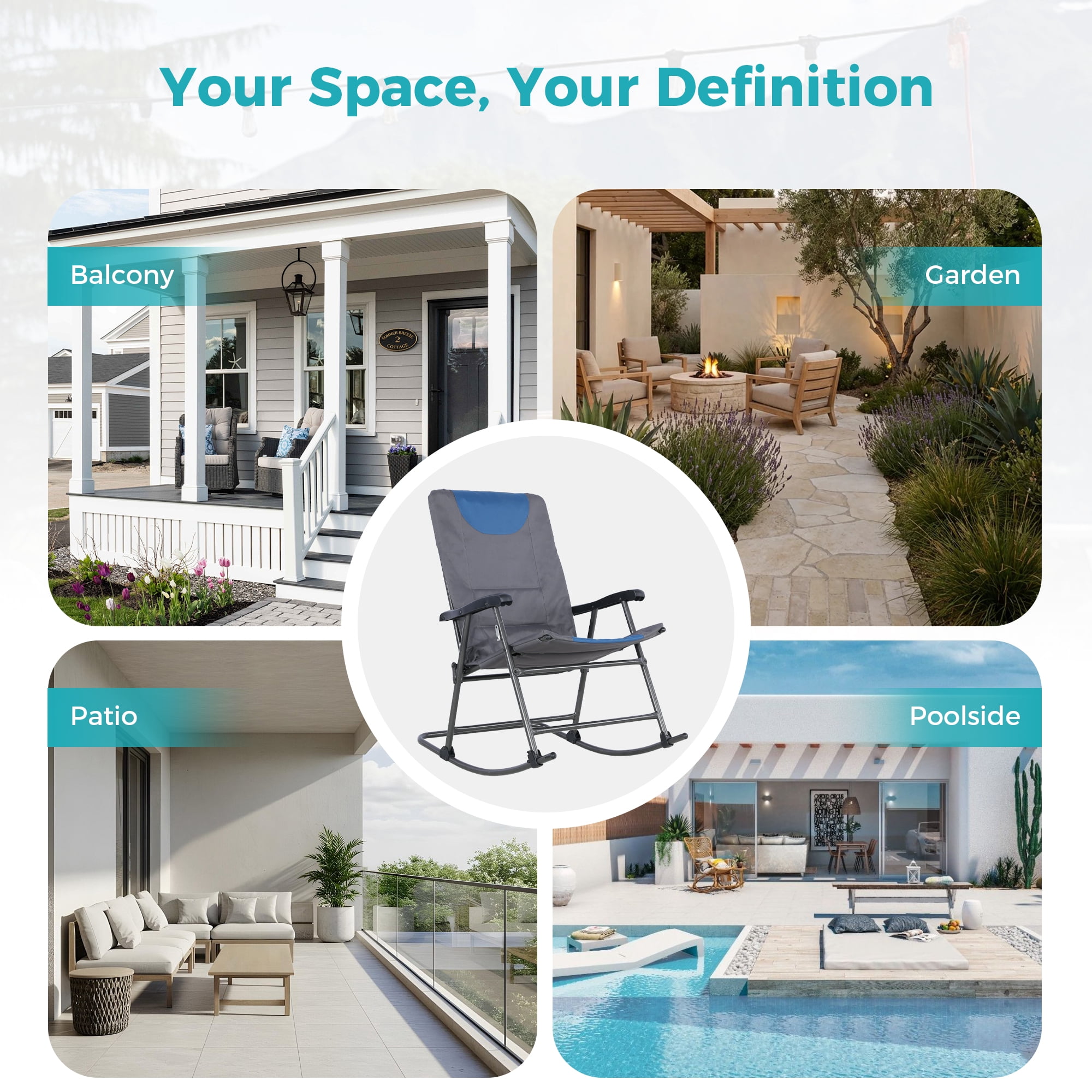 Oversized Folding Rocking Camping Chair, High Back Airmesh Outdoor Rocker with Hard Armrests, Storage Pockets & Carry Bag for Patio Lawn Camping