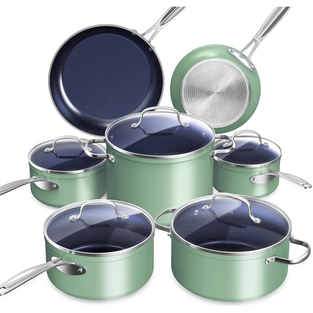 Nuwave Healthy Duralon Blue - Juego de utensilios de cocina antiadherentes de cerámica, con infusión de diamante, resistente a los arañazos, sin PFAS, apto para lavavajillas y horno, listo para inducc