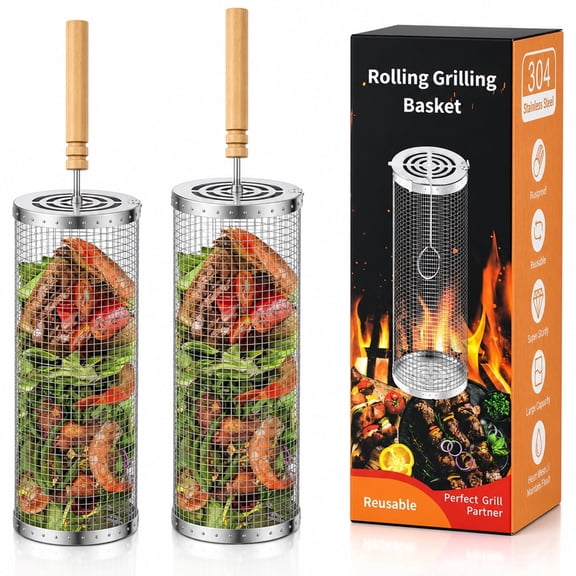 KORALAKIRI 2Pcs Rolling Grill Baskets with Removable Wooden Handle, Grilling Accessories, BBQ Net Tube Baskets for Veggies, Shrimp, Meat, Father' Day Gifts for Men Dad Husband