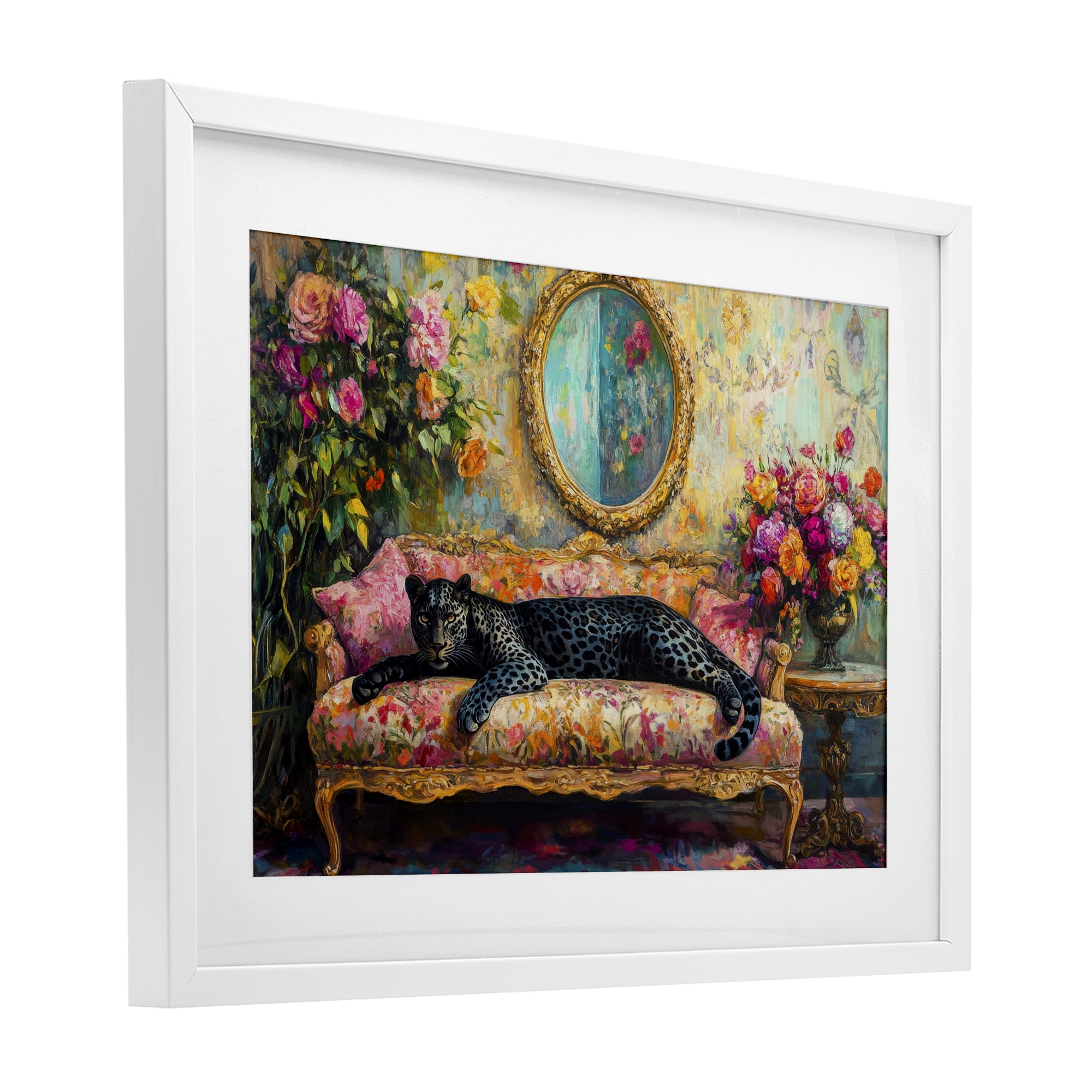 Stupell Industries Lounging Leopard on Floral Sofa White Framed Print Under Glass, design by Petal Prints Design