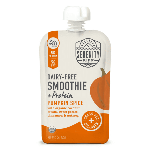 Serenity Kids Stage 2 Baby Food Pumpkin Spice Dairy Free Veggie Smoothie with Collagen, 3.5oz. Pouch