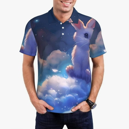 Logiee Cloud Cute Rabbit Print Mens Polo Shirts Mens Golf Polo Shirts Short Sleeve Casual Polo Shirts for Men Summer Fashion Beach Shirts-XX-Large
