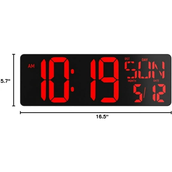 Large Digital Wall Clock with Remote Control 17.2" LED Display Timer with Temperature Date Week Auto DST Adjustable Brightness