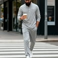 thumbnail image 4 of YueHuiYing Men's Solid-Color Casual Sporty Round-Neck Button Stand-Up Collar Long Sleeved Top Pocket Drawstring Long Pants Two Piece Set, 4 of 9